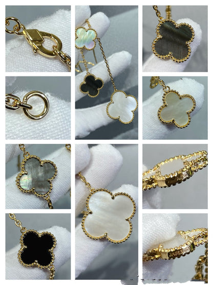 [⭐Clover Jewelry]CLOVER 6 MOTIF MOP ONYX GOLD NECKLACE