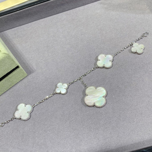 [⭐Clover Jewelry]CLOVER 5 MOTIF WHITE MOP SILVER BRACELET