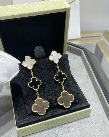 [⭐Clover Jewelry]CLOVER 3 MOTIF MOP ONYX DARK MOP PINK GOLD EARRINGS