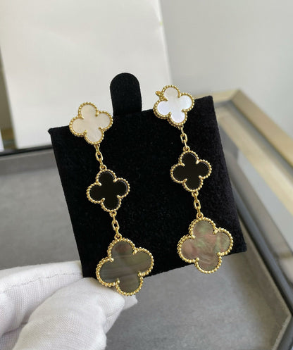 [⭐Clover Jewelry]CLOVER 3 MOTIF MOP ONYX DARK MOP PINK GOLD EARRINGS