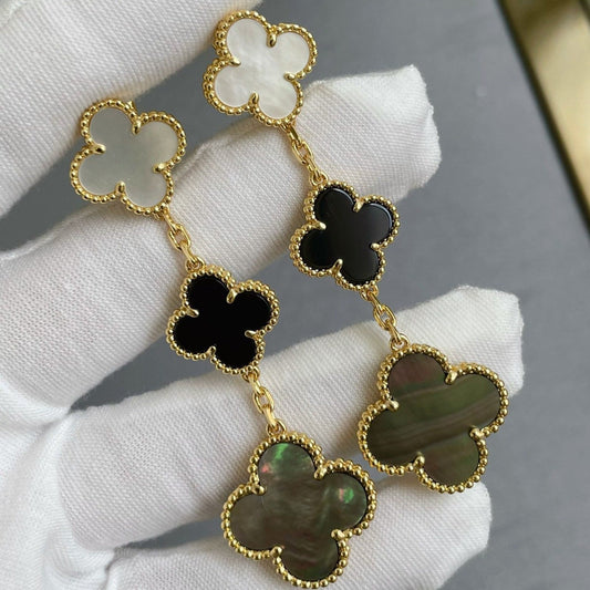 [⭐Clover Jewelry]CLOVER 3 MOTIF MOP ONYX DARK MOP PINK GOLD EARRINGS