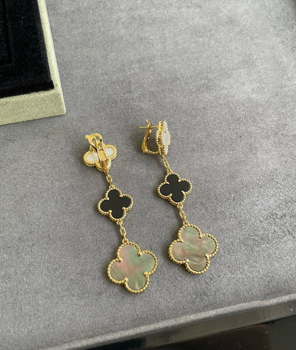 [⭐Clover Jewelry]CLOVER 3 MOTIF MOP ONYX DARK MOP PINK GOLD EARRINGS