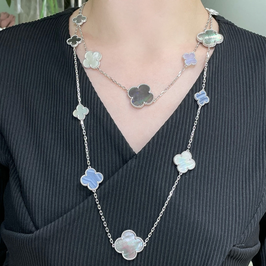 [⭐Clover Jewelry]CLOVER 16 MOTIF CHALCEDONY MOP SILVER NECKLACE