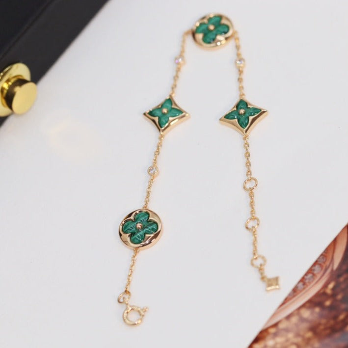[⭐Clover Jewelry]STAR AND SUN 4 MOTIF PINK GOLD MALACHITE BRACELET