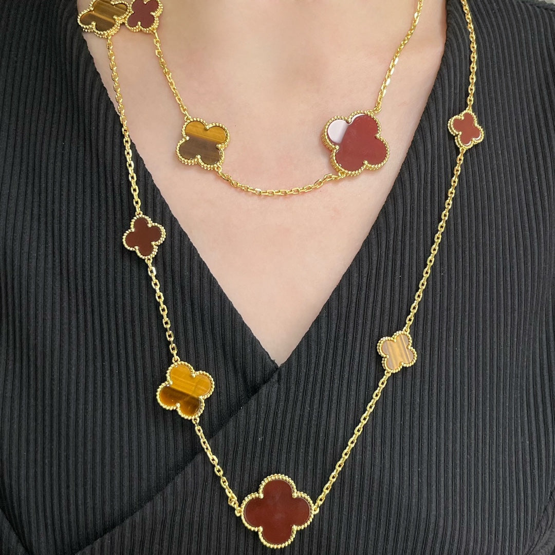 [⭐Clover Jewelry]CLOVER 16 MOTIF CARNELIAN TIGER EYE ROSE GOLD NECKLACE
