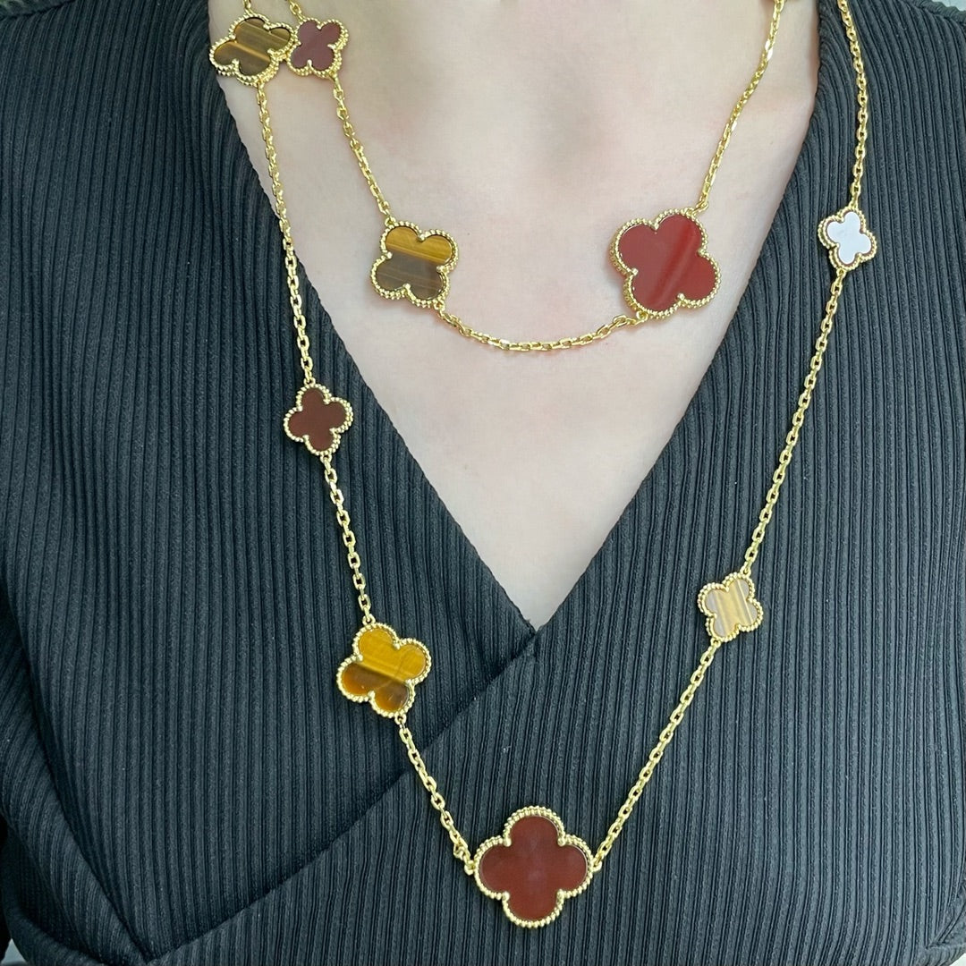 [⭐Clover Jewelry]CLOVER 16 MOTIF CARNELIAN TIGER EYE ROSE GOLD NECKLACE