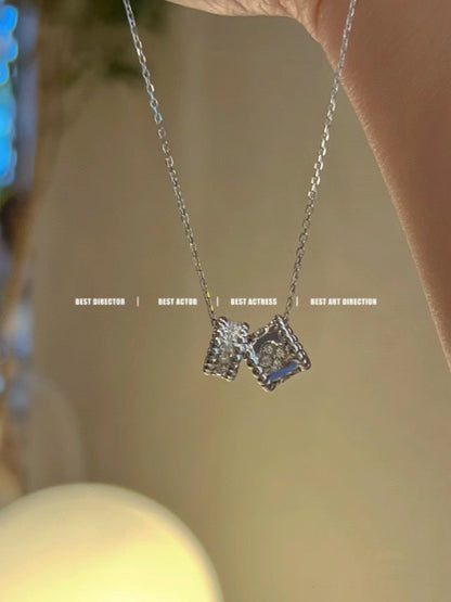 [⭐Clover Jewelry]PERLEE DOUBLE PENDANT SILVER DIAMOND NECKLACE