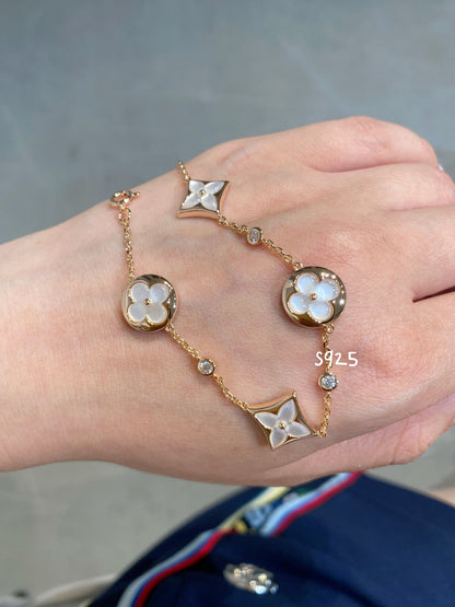 [⭐Clover Jewelry]STAR AND SUN 4 MOTIF WHITE MOP PINK GOLD BRACELET