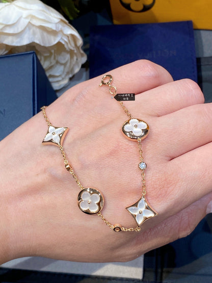 [⭐Clover Jewelry]STAR AND SUN 4 MOTIF WHITE MOP PINK GOLD BRACELET