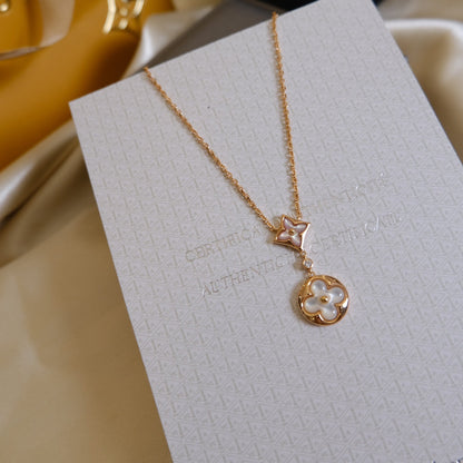 [⭐Clover Jewelry]STAR AND SUN WHITE MOP 2 MOTIF PINK GOLD NECKLACE