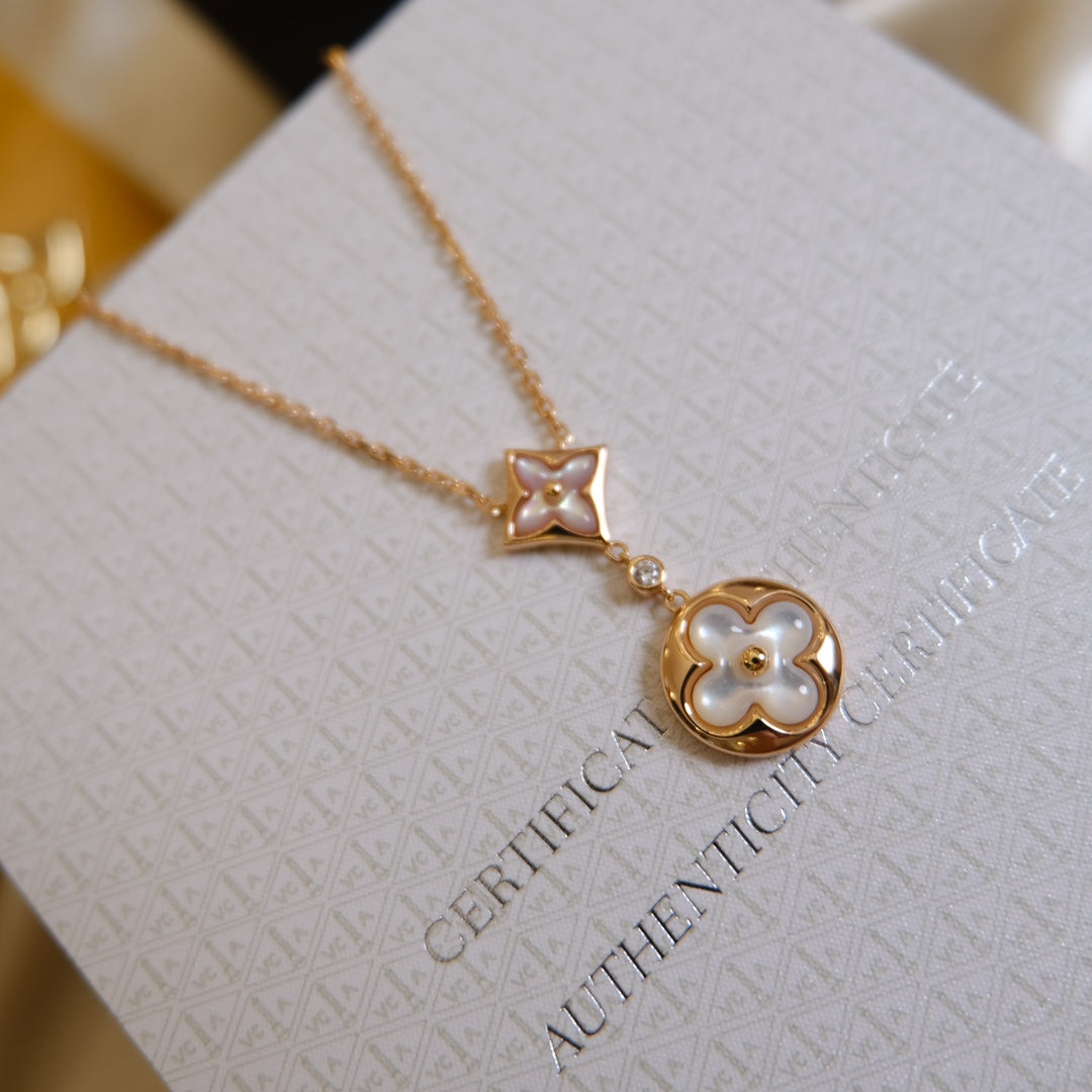 [⭐Clover Jewelry]STAR AND SUN WHITE MOP 2 MOTIF PINK GOLD NECKLACE