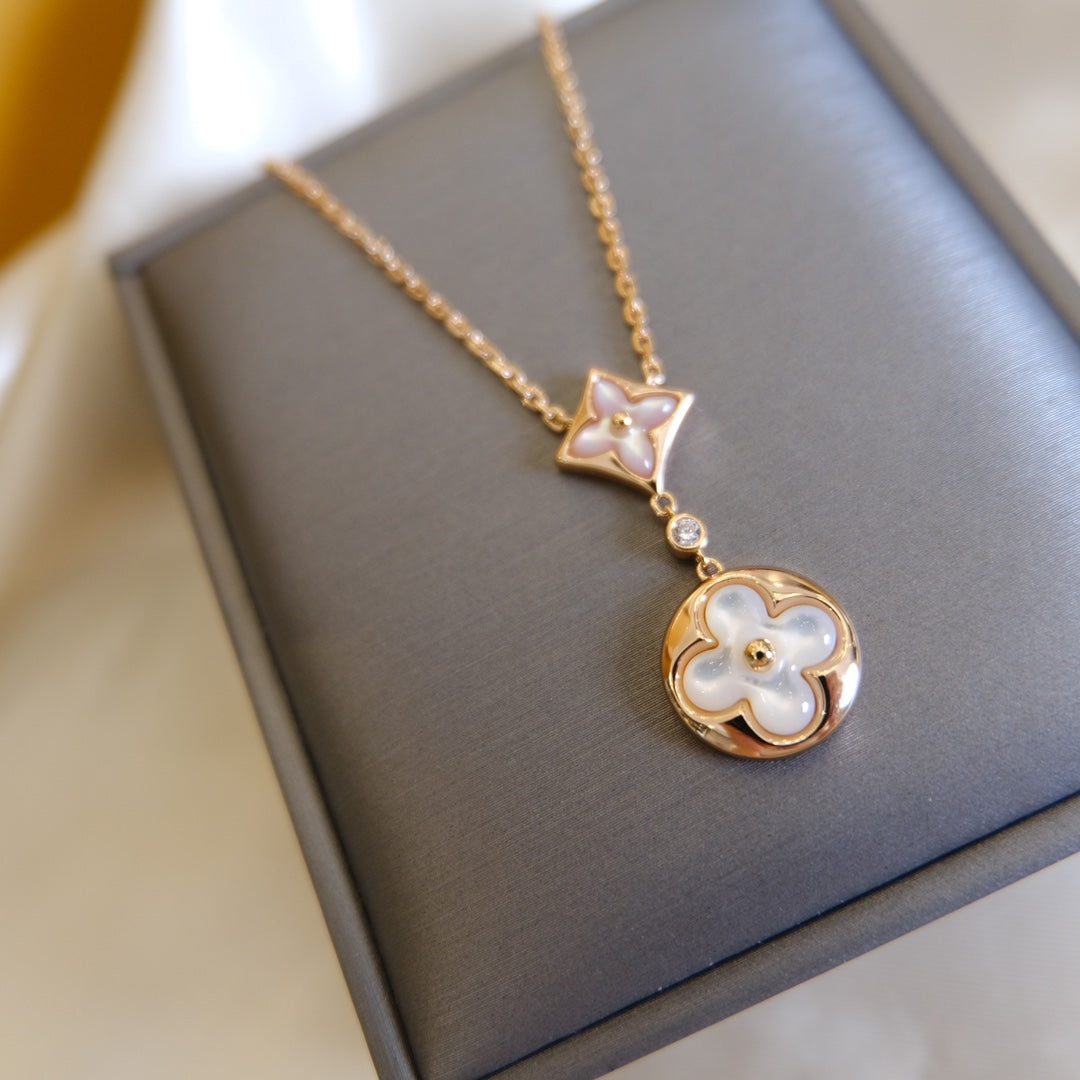 [⭐Clover Jewelry]STAR AND SUN WHITE MOP 2 MOTIF PINK GOLD NECKLACE