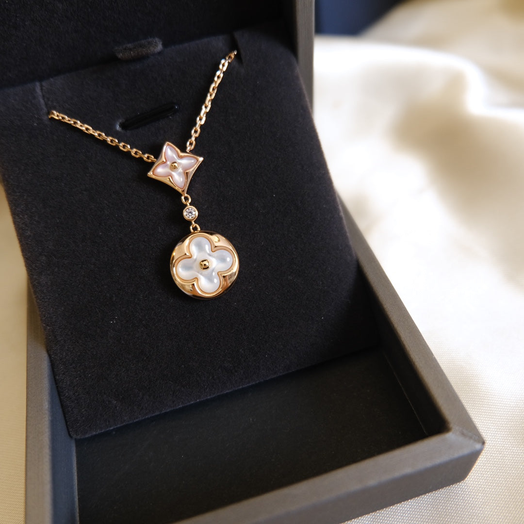 [⭐Clover Jewelry]STAR AND SUN WHITE MOP 2 MOTIF PINK GOLD NECKLACE