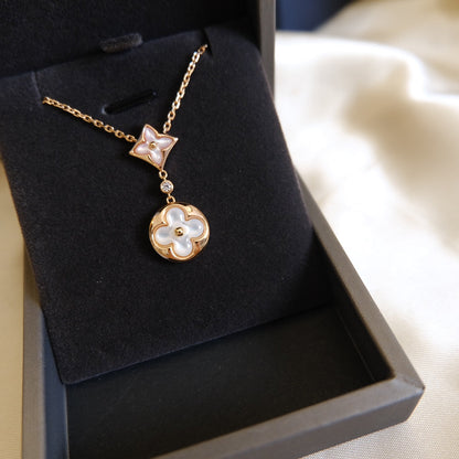 [⭐Clover Jewelry]STAR AND SUN WHITE MOP 2 MOTIF PINK GOLD NECKLACE