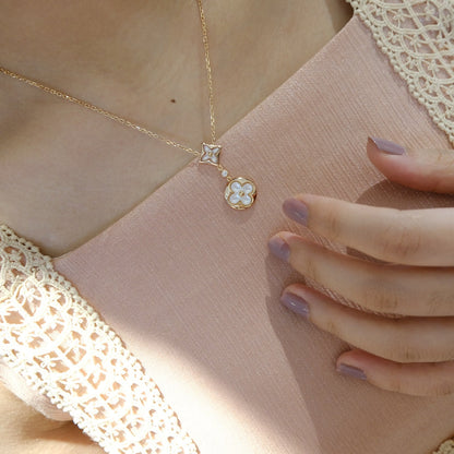 [⭐Clover Jewelry]STAR AND SUN WHITE MOP 2 MOTIF PINK GOLD NECKLACE