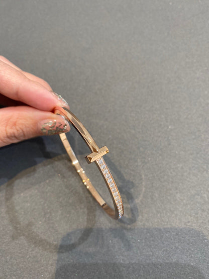 [Clover Jewelry]NARROW T1 HINGED BANGLE DIAMOND PINK GOLD