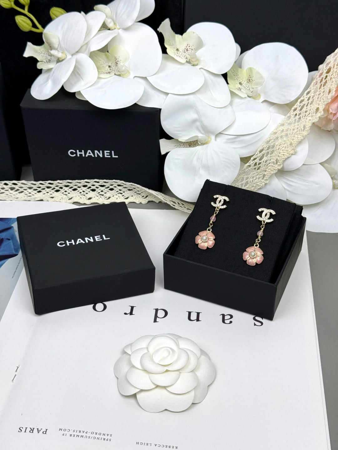 [⭐Clover Jewelry]26C Pink Camellia Enamel Pendant with Double C Earrings