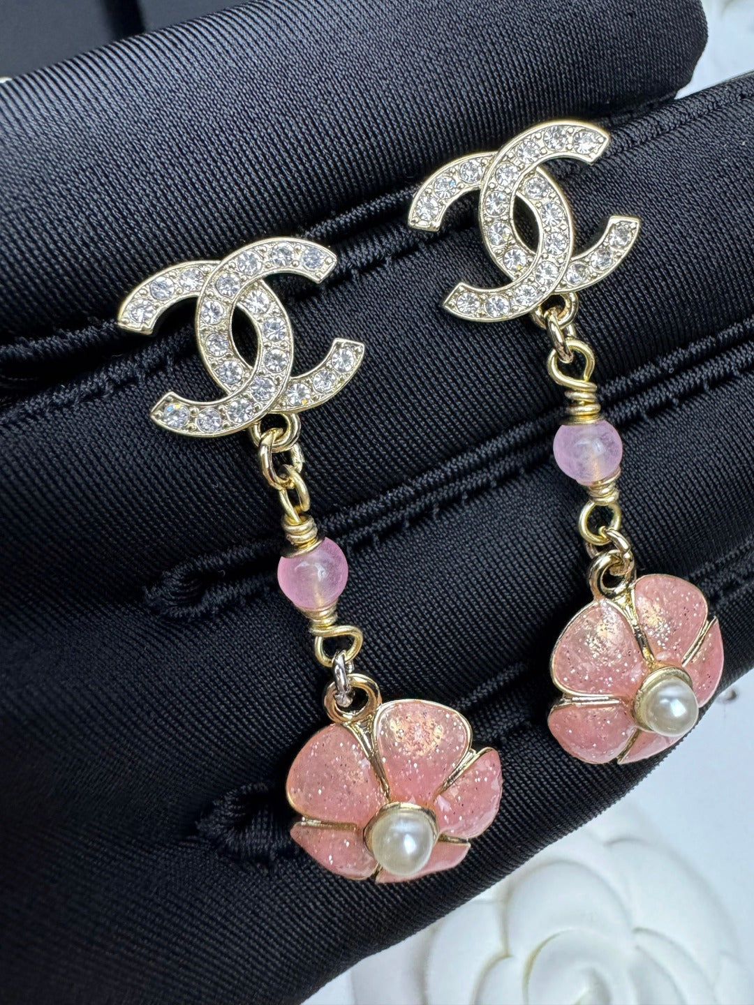 [⭐Clover Jewelry]26C Pink Camellia Enamel Pendant with Double C Earrings