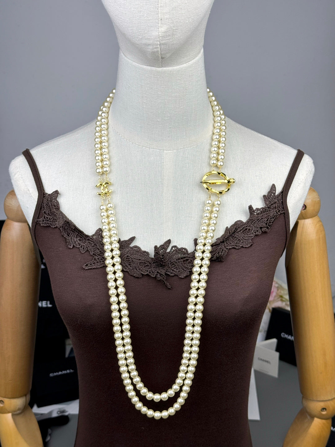 [⭐Clover Jewelry]25K Pencil Double C Double-Layer Pearl Sweater Chain