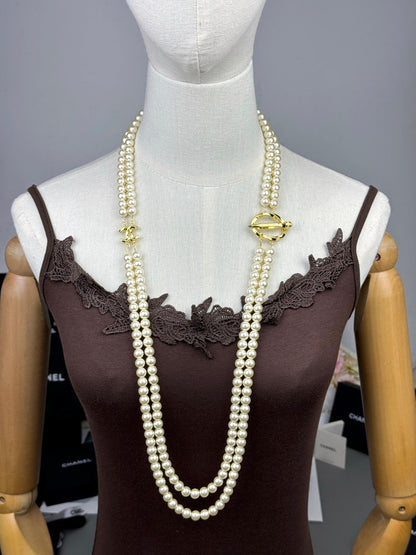 [⭐Clover Jewelry]25K Pencil Double C Double-Layer Pearl Sweater Chain