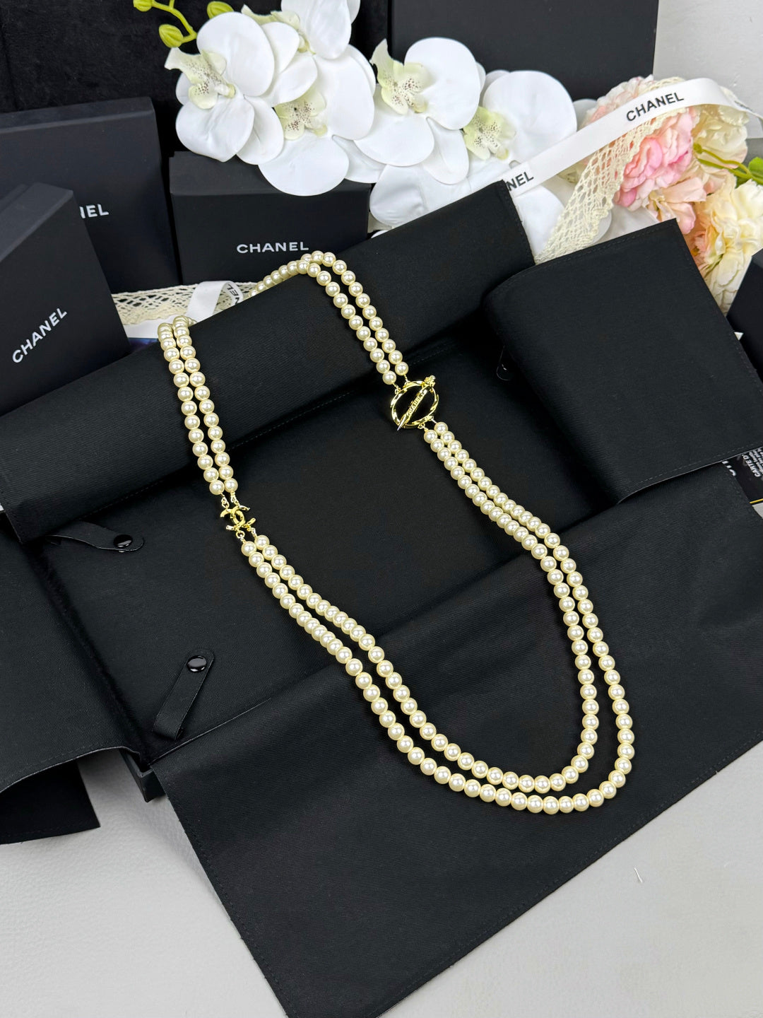 [⭐Clover Jewelry]25K Pencil Double C Double-Layer Pearl Sweater Chain