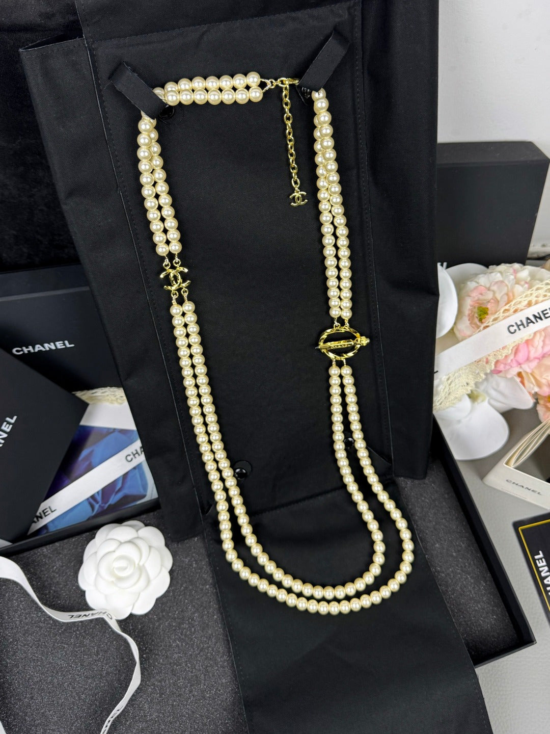 [⭐Clover Jewelry]25K Pencil Double C Double-Layer Pearl Sweater Chain