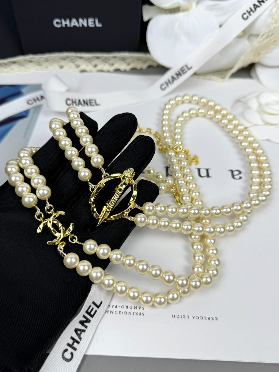 [⭐Clover Jewelry]25K Pencil Double C Double-Layer Pearl Sweater Chain