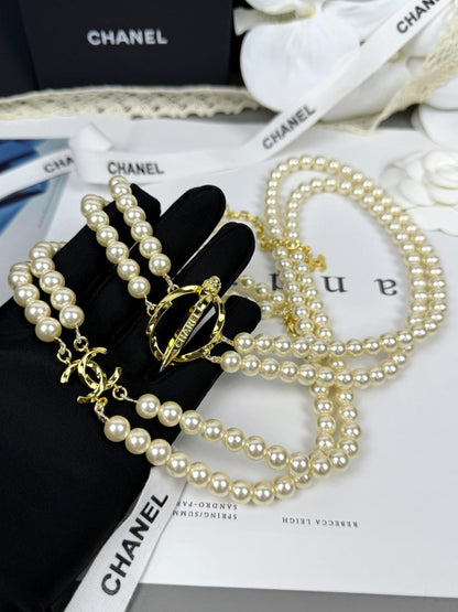 [⭐Clover Jewelry]25K Pencil Double C Double-Layer Pearl Sweater Chain