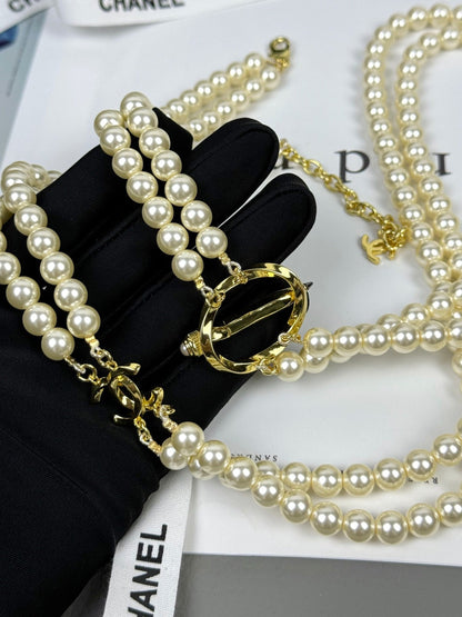 [⭐Clover Jewelry]25K Pencil Double C Double-Layer Pearl Sweater Chain