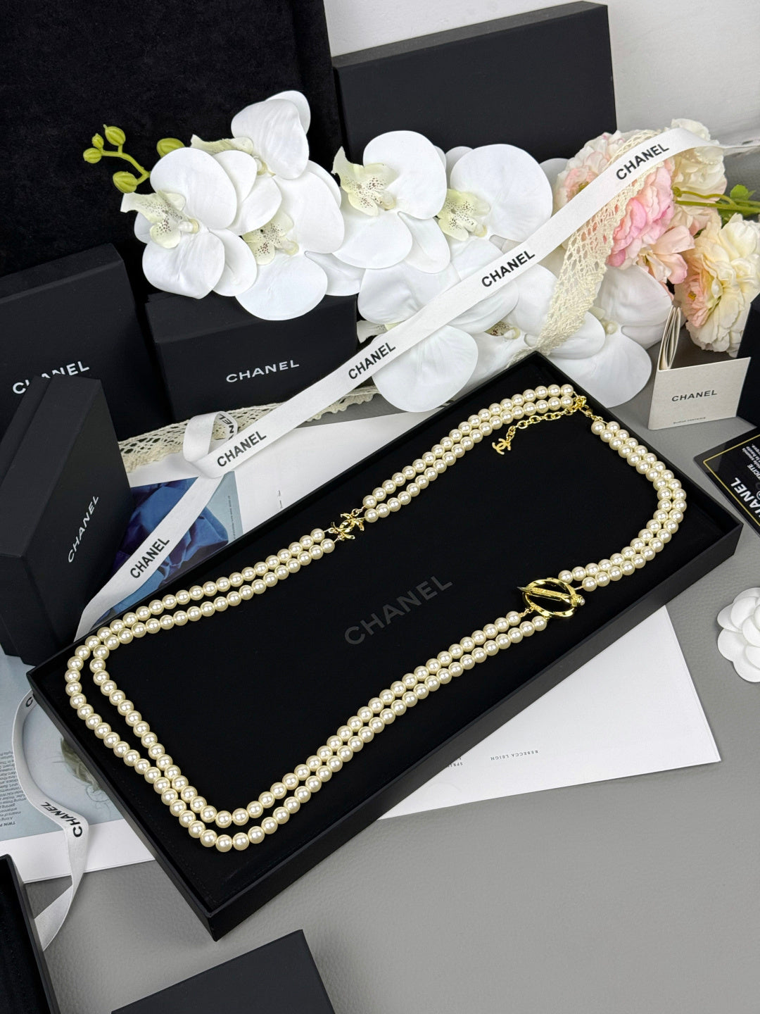 [⭐Clover Jewelry]25K Pencil Double C Double-Layer Pearl Sweater Chain