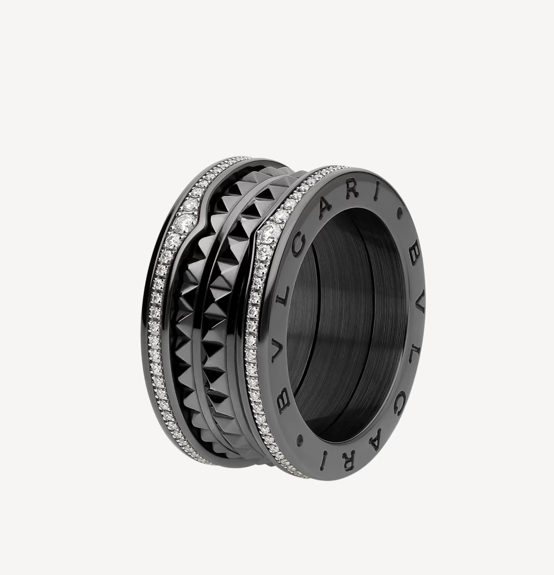[⭐Clover Jewelry]ZERO 1 ROCK FOUR-BAND BLACK CERAMIC WITH STUDDED SPIRAL AND PAVED DIAMONDS RING
