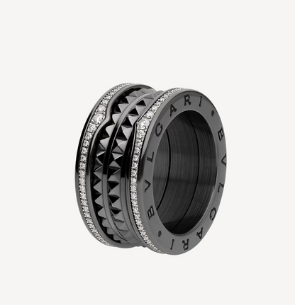 [⭐Clover Jewelry]ZERO 1 ROCK FOUR-BAND BLACK CERAMIC WITH STUDDED SPIRAL AND PAVED DIAMONDS RING