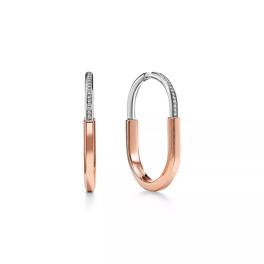 [Clover Jewelry]LOCK EARRINGS ROSE AND WHITE GOLD DIAMONDS EXTRA LARGE
