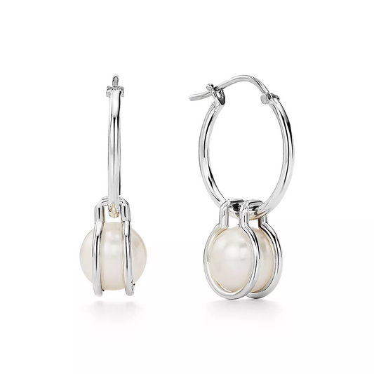 [Clover Jewelry]PEARL HOOP SILVER EARRINGS
