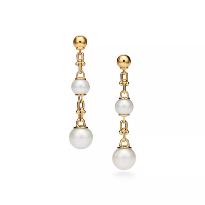 [Clover Jewelry]TRIPLE DROP LINK EARRINGS GOLD WITH FRESHWATER PEARLS