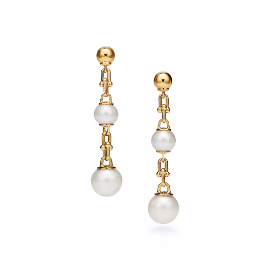 [Clover Jewelry]TRIPLE DROP LINK EARRINGS GOLD WITH FRESHWATER PEARLS