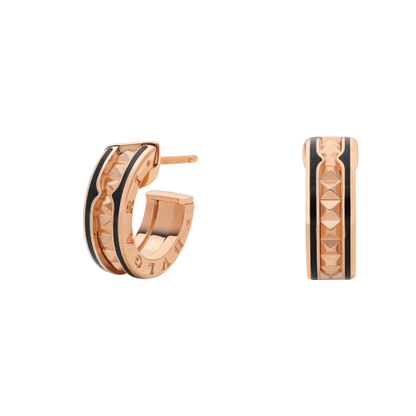 [⭐Clover Jewelry]ZERO 1 ROCK PINK GOLD EARRINGS WITH STUDDED SPIRAL AND BLACK CERAMIC