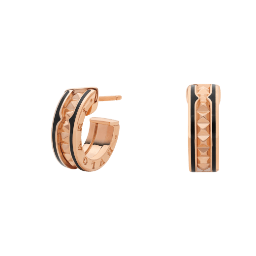 [⭐Clover Jewelry]ZERO 1 ROCK PINK GOLD EARRINGS WITH STUDDED SPIRAL AND BLACK CERAMIC