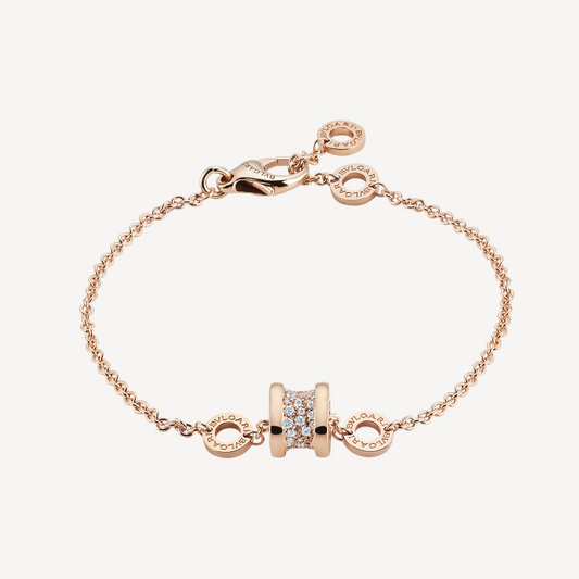 [⭐Clover Jewelry]ZERO 1 SOFT PINK GOLD WITH PAVED DIAMONDS ON THE SPIRAL BRACELET