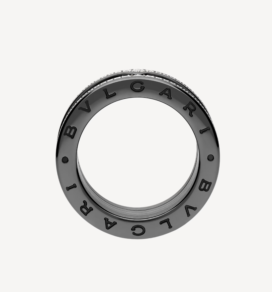 [⭐Clover Jewelry]ZERO 1 ROCK FOUR-BAND BLACK CERAMIC WITH STUDDED SPIRAL AND PAVED DIAMONDS RING