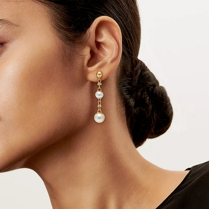 [Clover Jewelry]TRIPLE DROP LINK EARRINGS GOLD WITH FRESHWATER PEARLS