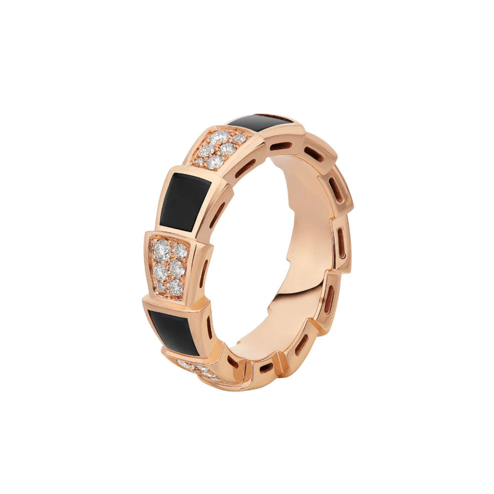 [⭐Clover Jewelry]SERPENTI RING PINK GOLD BLACK MOP DIAMOND PAVED 4MM