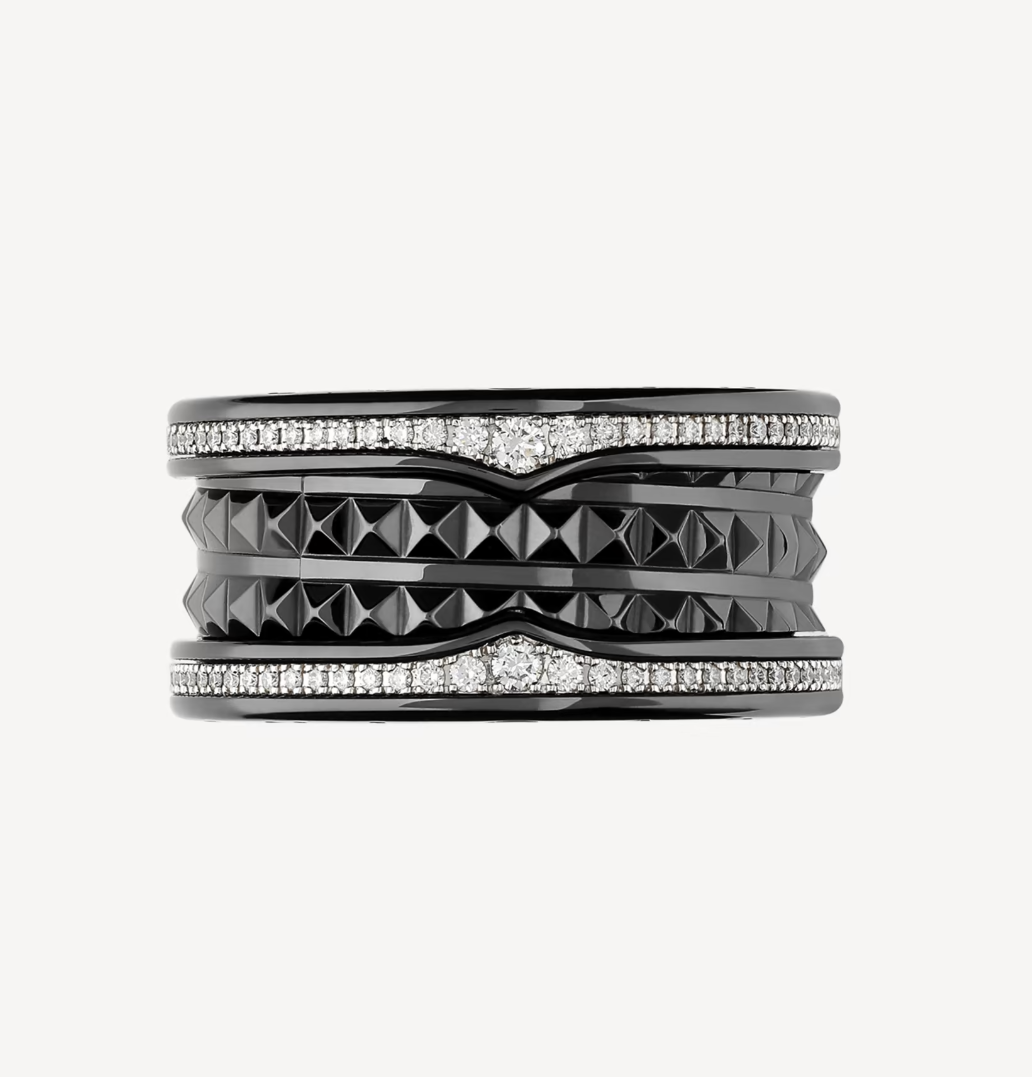 [⭐Clover Jewelry]ZERO 1 ROCK FOUR-BAND BLACK CERAMIC WITH STUDDED SPIRAL AND PAVED DIAMONDS RING