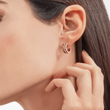 [⭐Clover Jewelry]ZERO 1 ROCK PINK GOLD EARRINGS WITH STUDDED SPIRAL AND BLACK CERAMIC