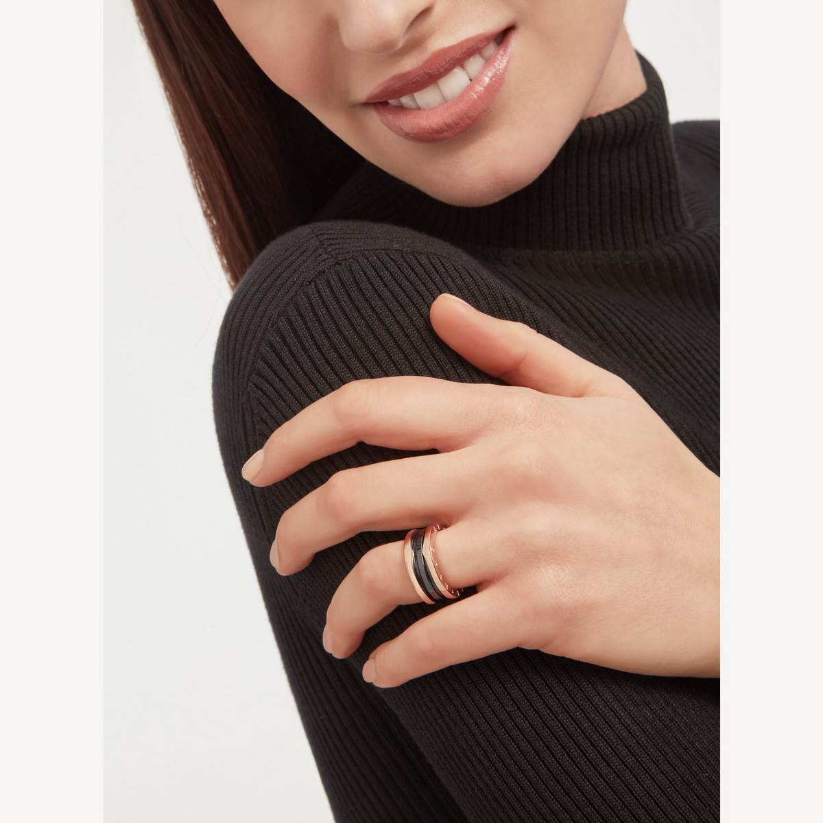 [⭐Clover Jewelry]ZERO 1 TWO-BAND LOOPS AND BLACK CERAMIC PINK GOLD RING