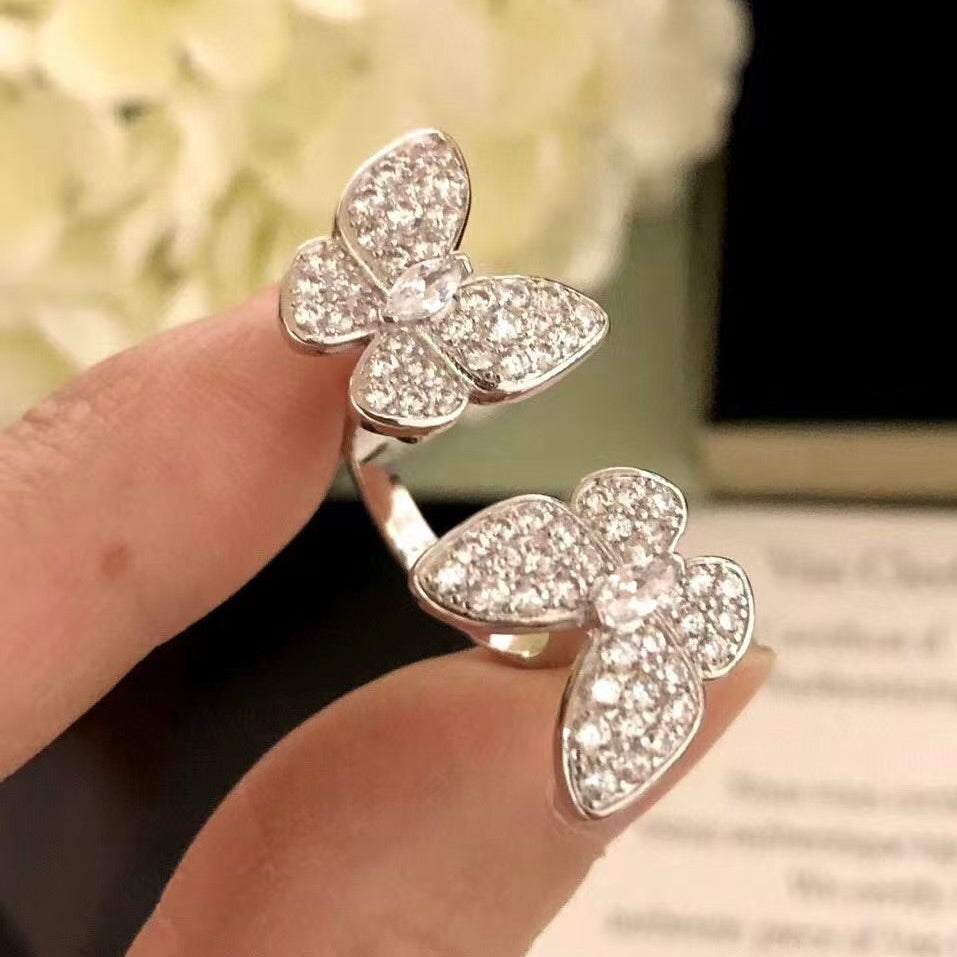 [⭐Clover Jewelry]TWIN SILVER BUTTERFLY DIAMOND RING