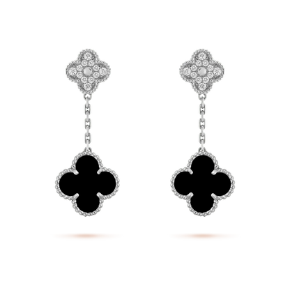 [⭐Clover Jewelry]CLOVER 2 MOTIFS  DIAMOND ONYX EARRINGS SILVER