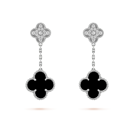 [⭐Clover Jewelry]CLOVER 2 MOTIFS  DIAMOND ONYX EARRINGS SILVER