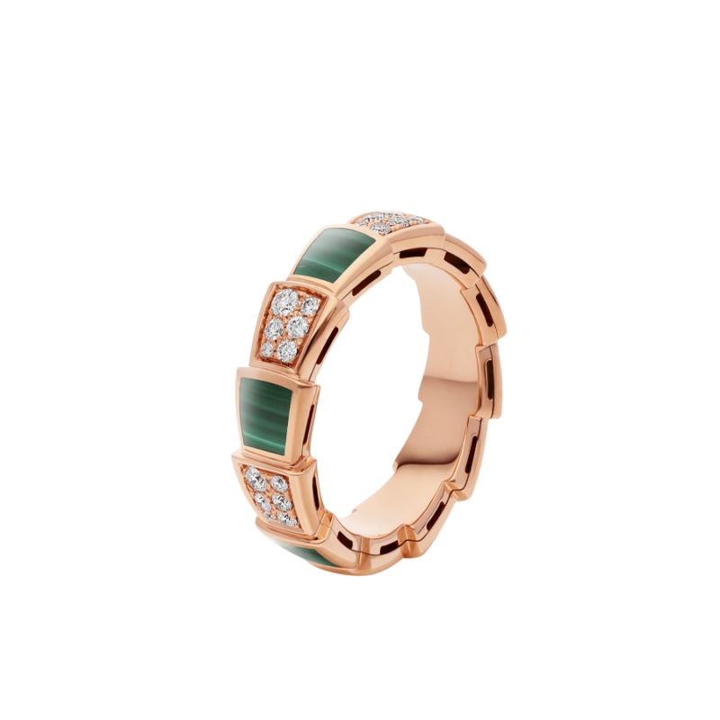 [⭐Clover Jewelry]SERPENTI RING PINK GOLD MALACHITE DIAMOND PAVED 4MM