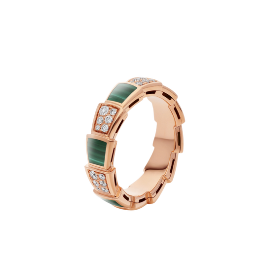 [⭐Clover Jewelry]SERPENTI RING PINK GOLD MALACHITE DIAMOND PAVED 4MM